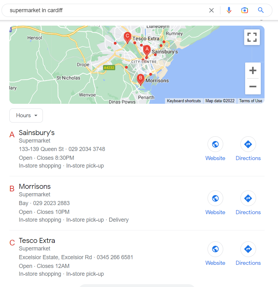 Google my business cardiff in action (showing a local search)