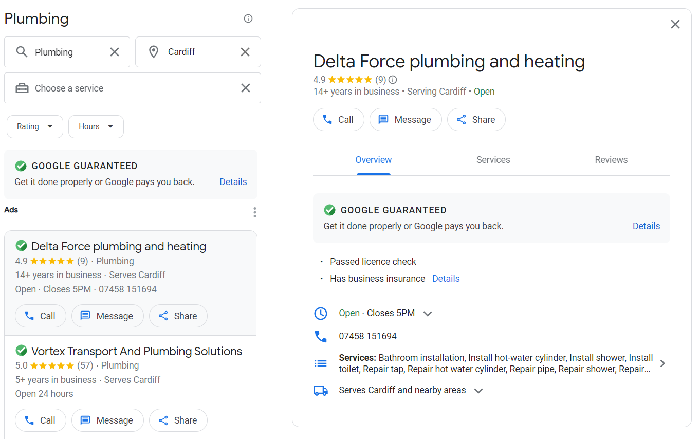 An example of a Google business profile insert, from Cardiff